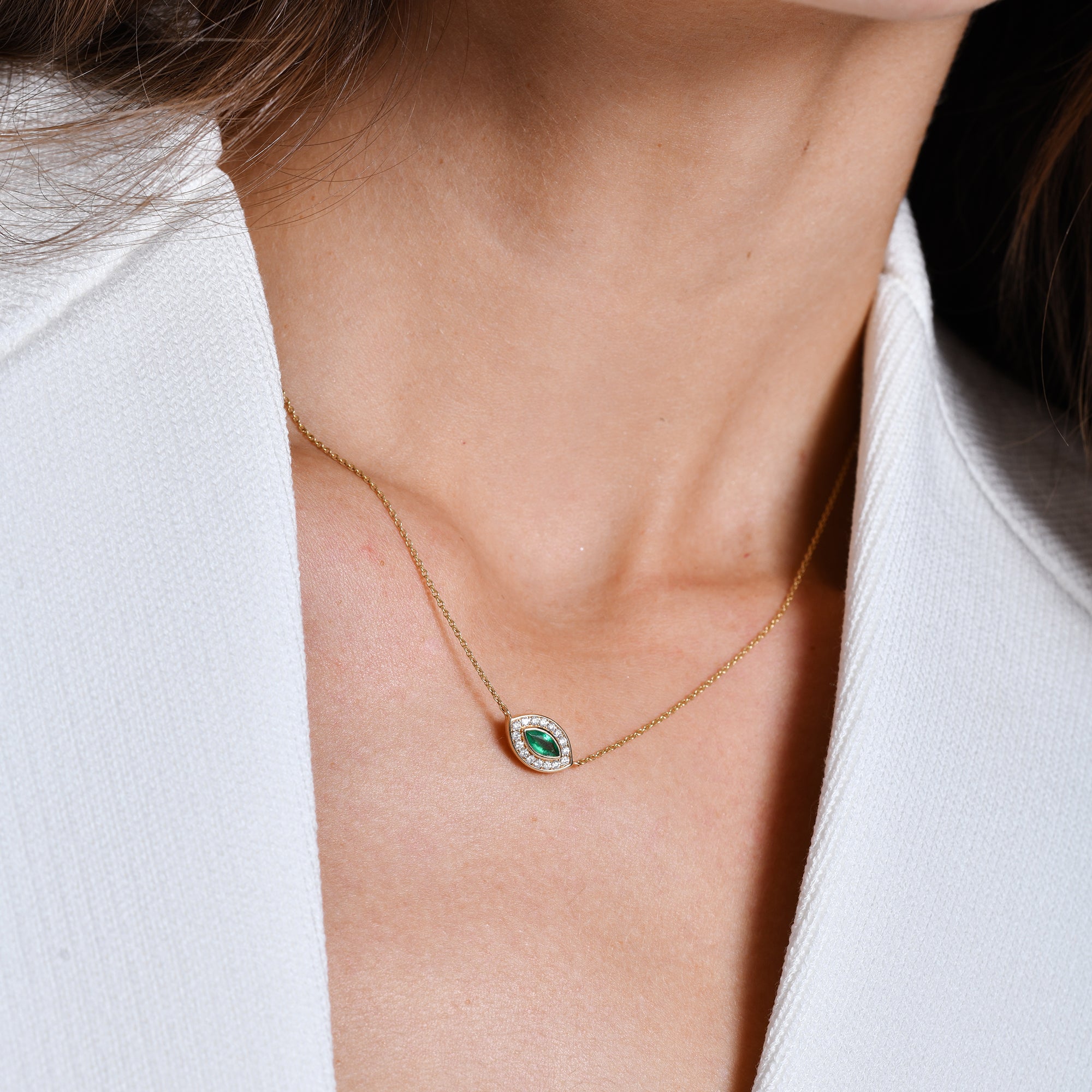 OBFJ0663 - 14k Marquise Emerald Diamond Halo Necklace 2