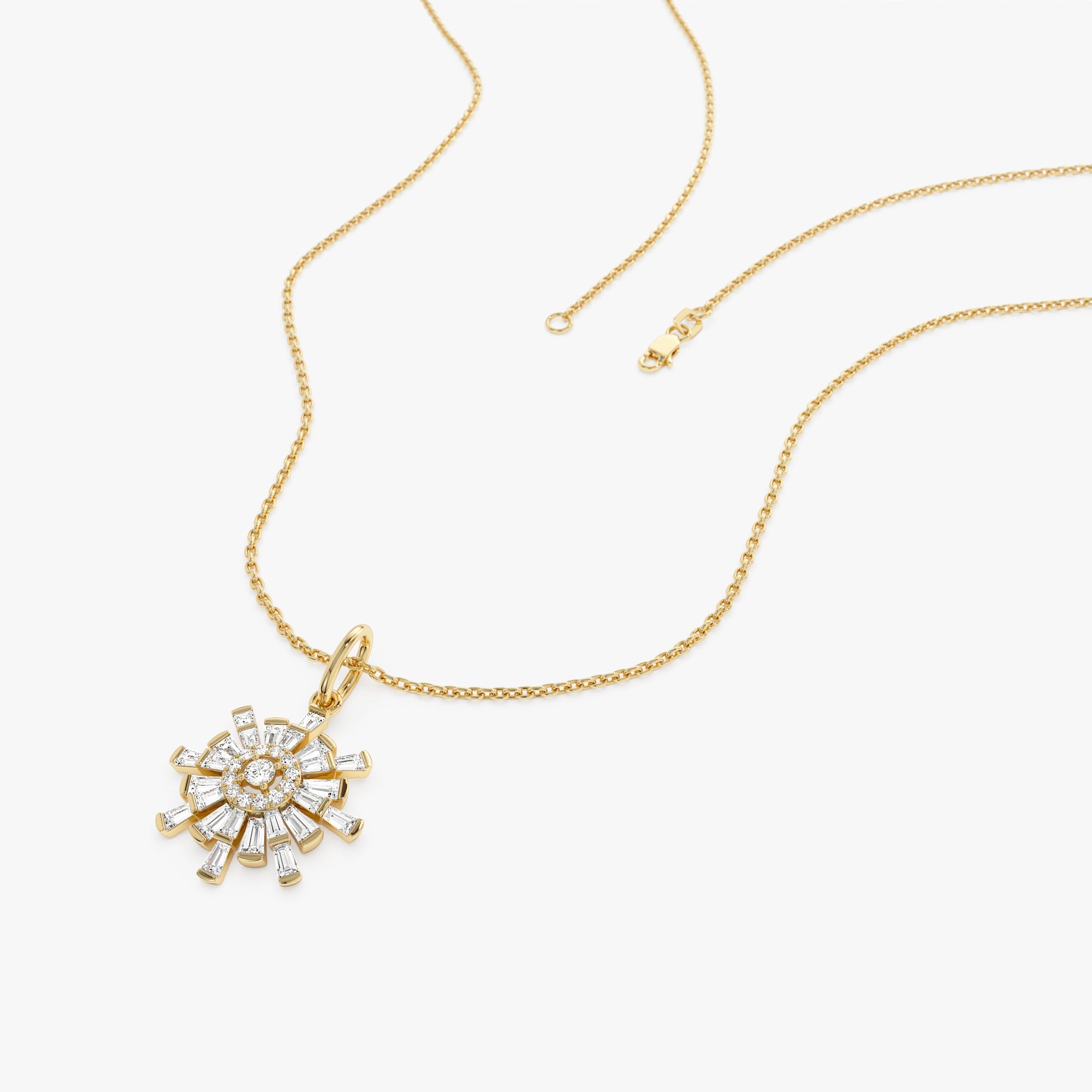OBFJ0662 - 14k Baguette Diamond Sunburst Necklace 4