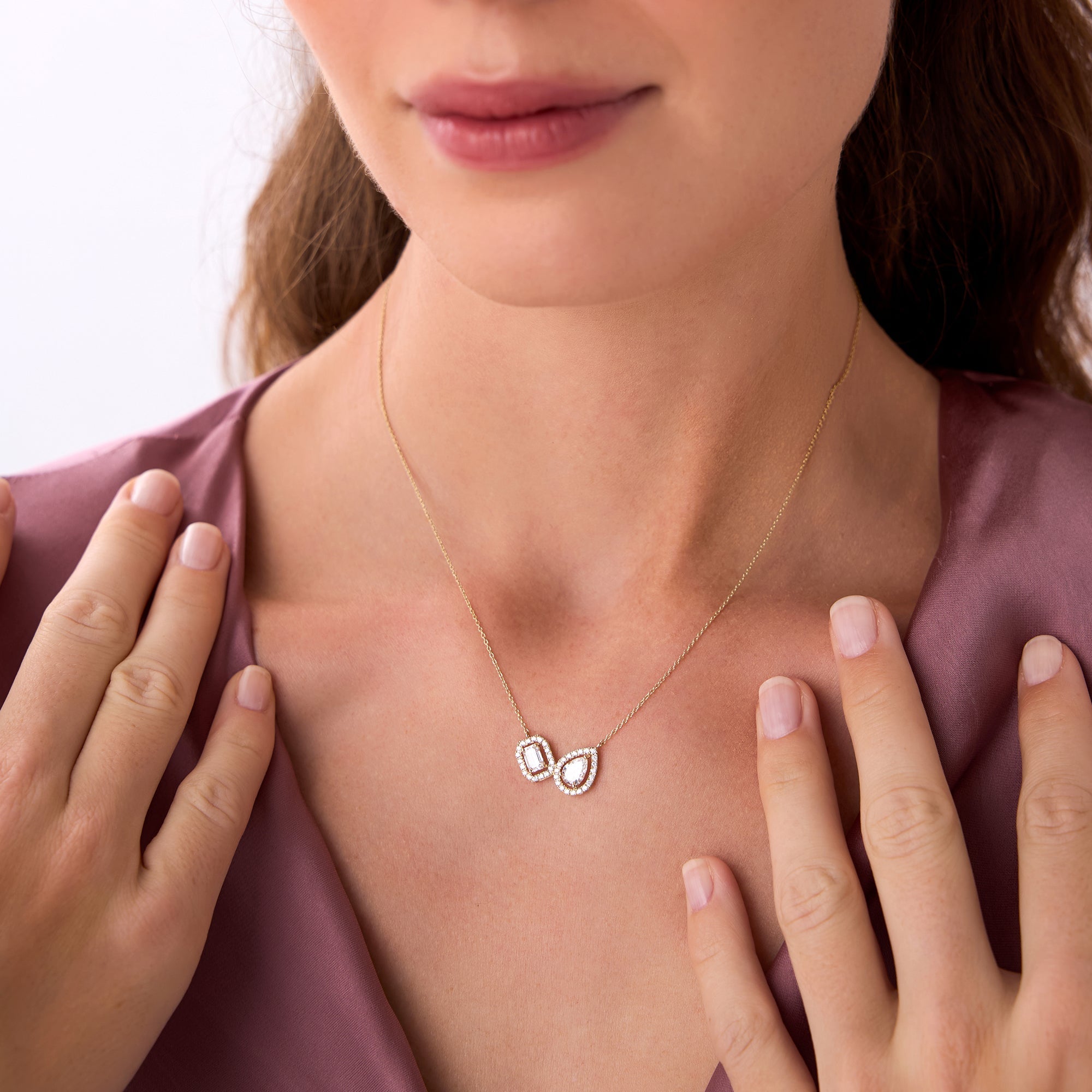 OBFJ0559 - 1.55 ctw Lab Grown Pear & Emerald Cut Toi et Moir Halo Setting Necklace - Sanaa 3