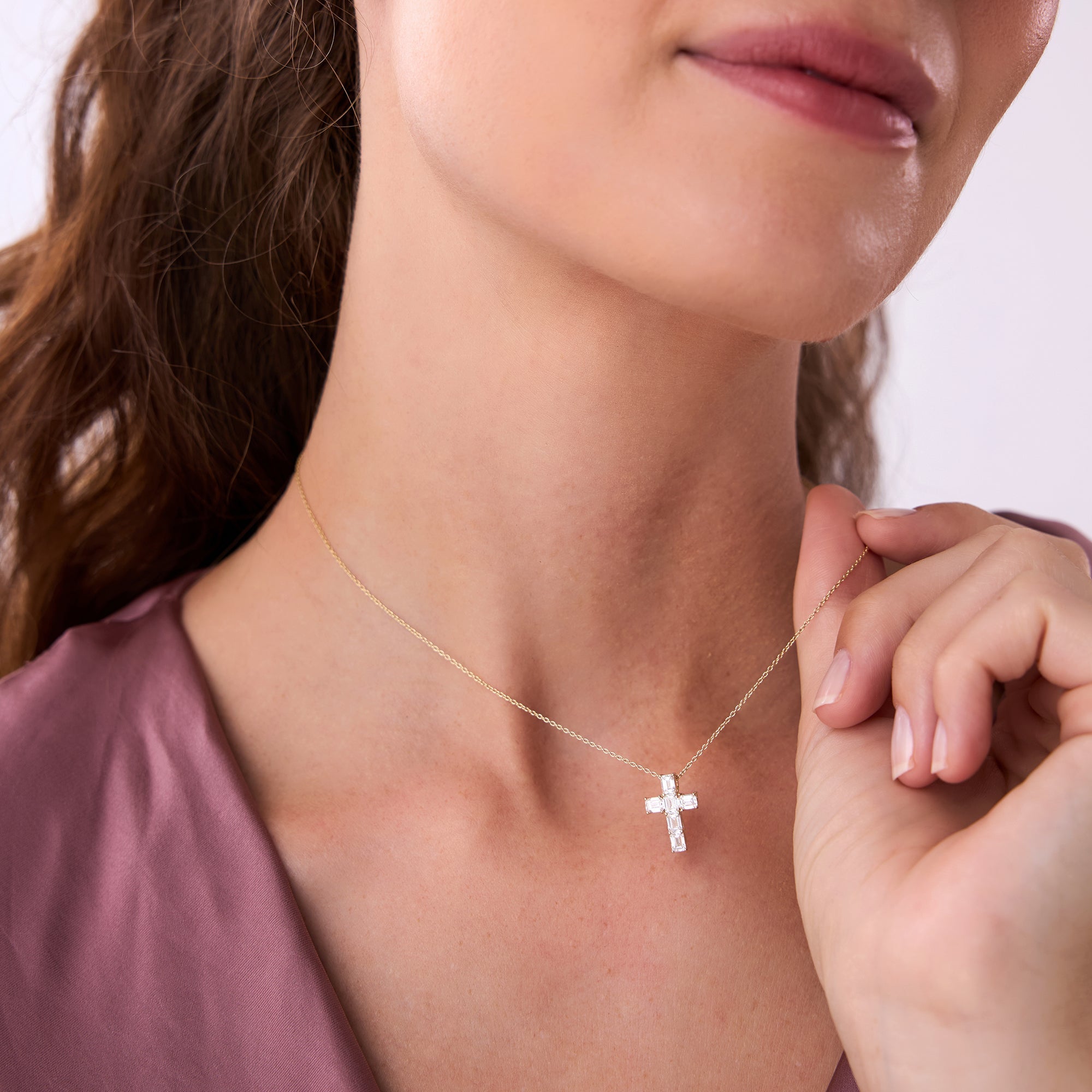 OBFJ0507 - 1.25 Ctw 14k Emerald Cut Lab Grown Diamond Cross Necklace - Addison 3