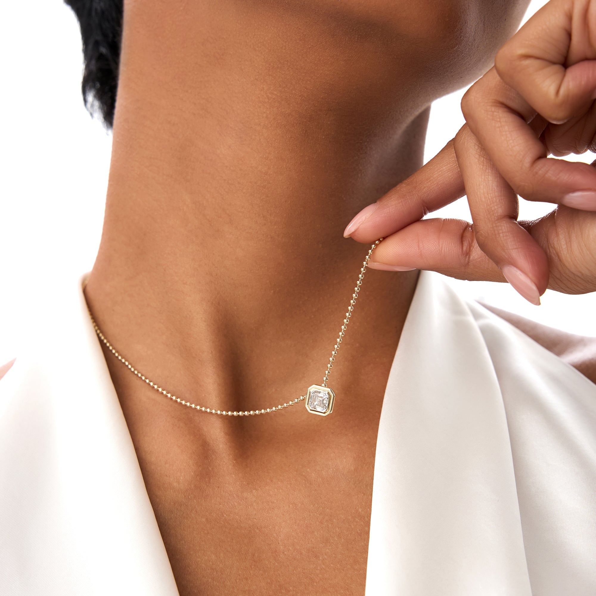 OBFJ0394 - 1.00 Ctw 14k Gold Asscher Cut Lab Grown Diamond Beaded Necklace - Juna 3
