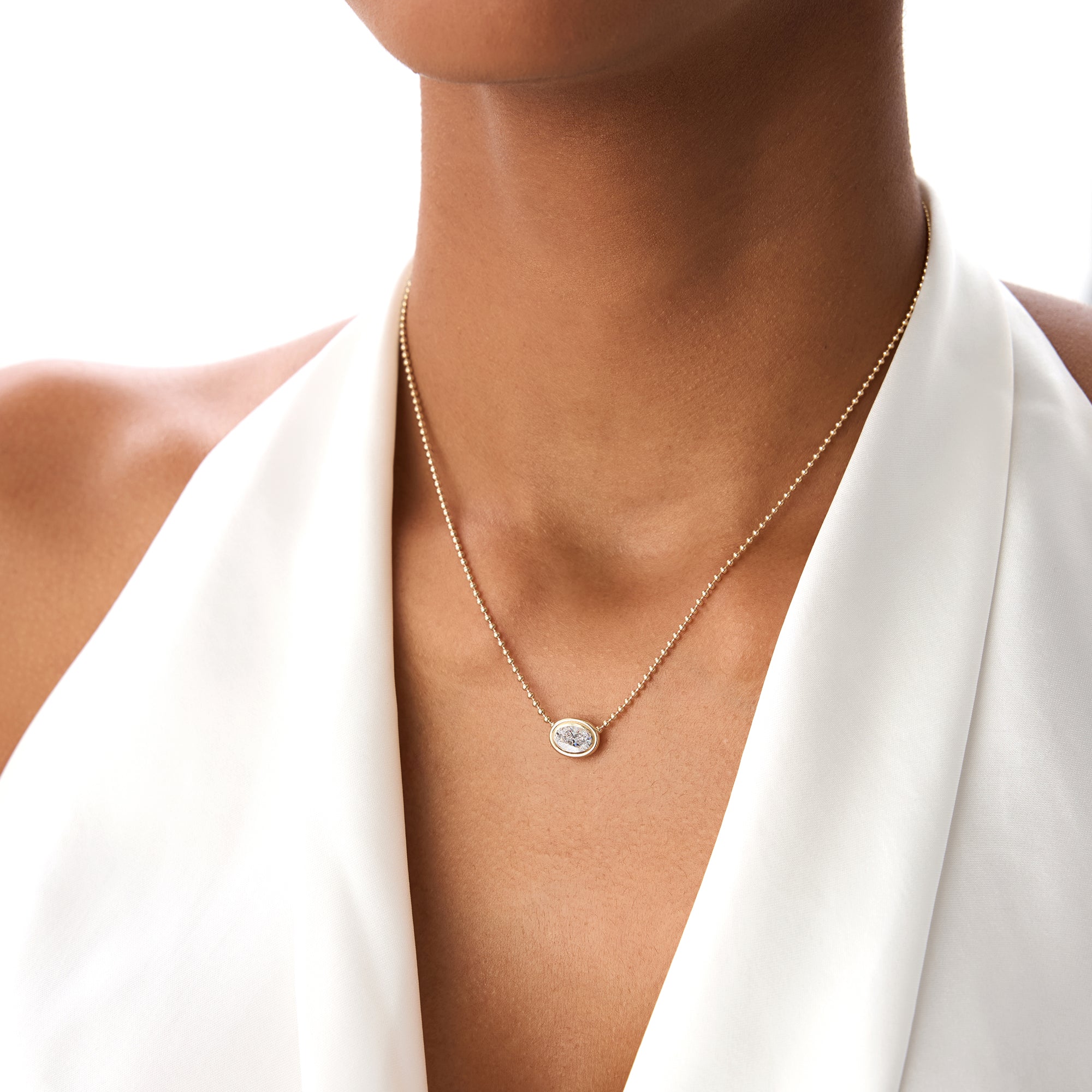 OBFJ0392 - 0.75 Ctw 14k Gold Oval Shape Bezel Lab Grown Diamond Beaded Necklace - Lega 2