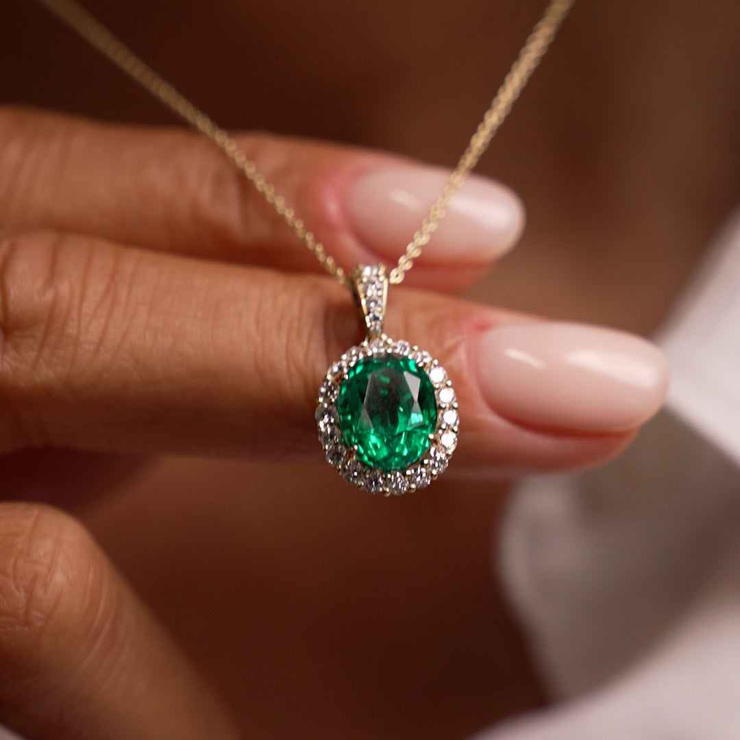 OBFJ0371 - 3.60 Ctw 14k Lab Grown Colombian Emerald and Diamond Halo Pendant Necklace - Aura 3