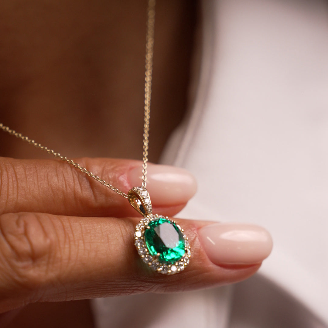 OBFJ0371 - 3.60 Ctw 14k Lab Grown Colombian Emerald and Diamond Halo Pendant Necklace - Aura 5