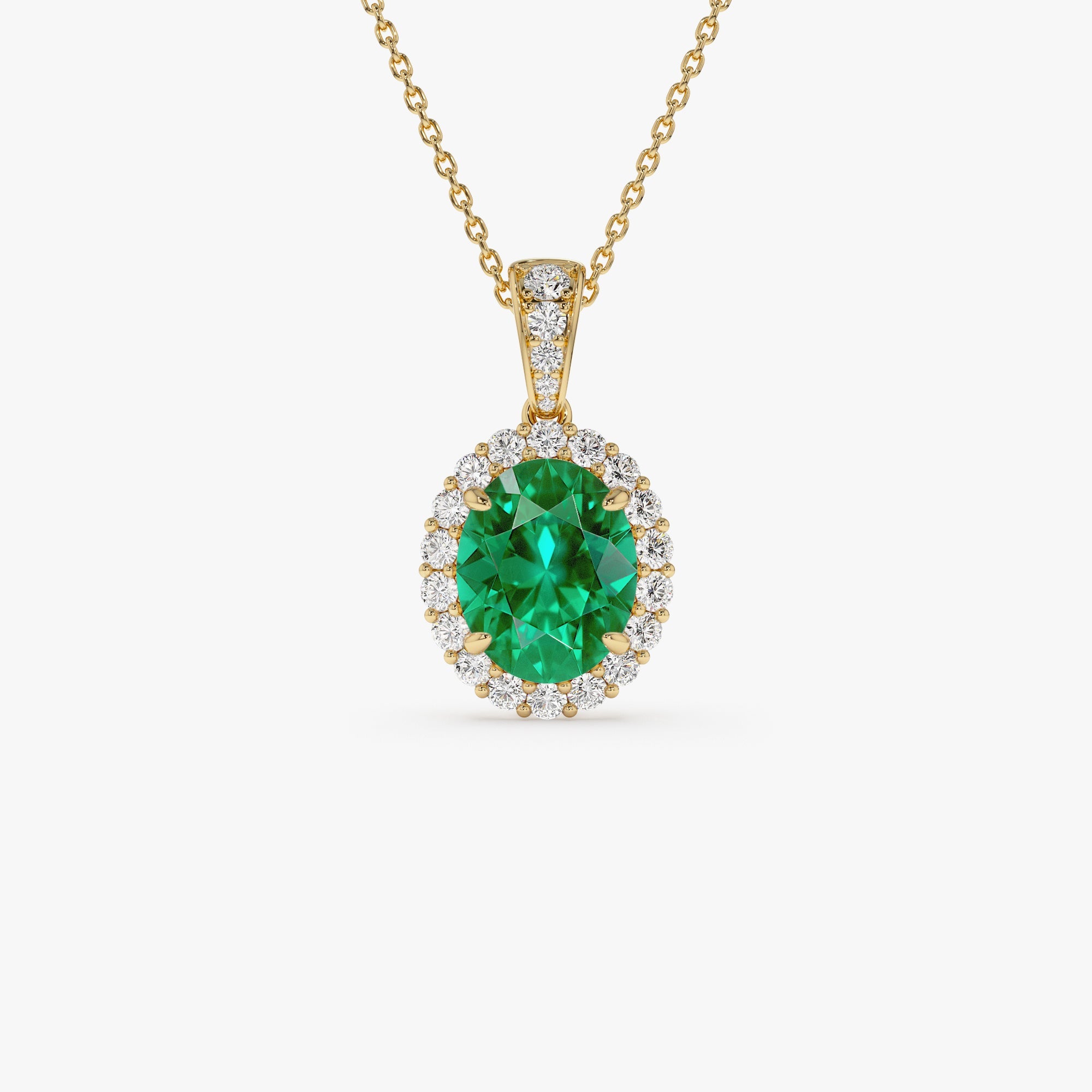OBFJ0371 - 3.60 Ctw 14k Lab Grown Colombian Emerald and Diamond Halo Pendant Necklace - Aura 1