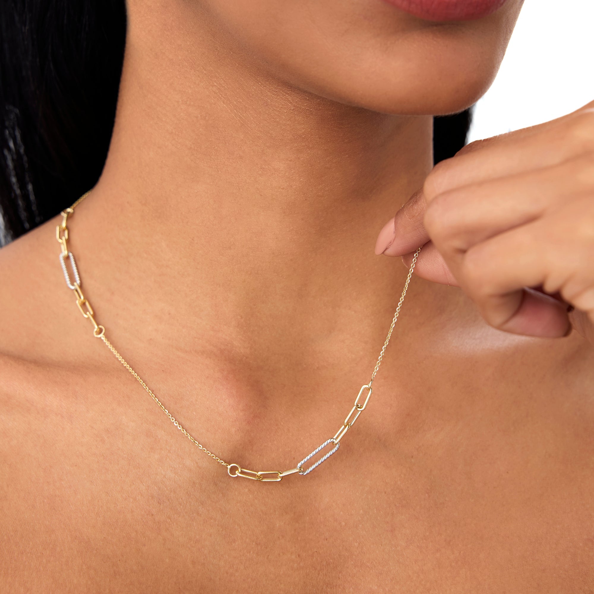 OBFJ0741 - 14k Two-Tone Link Layering Paperclip Necklace 2