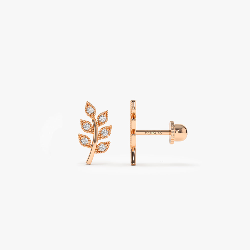 OBFJ2217 - Leaf Diamond Helix Piercing earrings in selectable metal and diamond options - Roselle Jewelry view 3