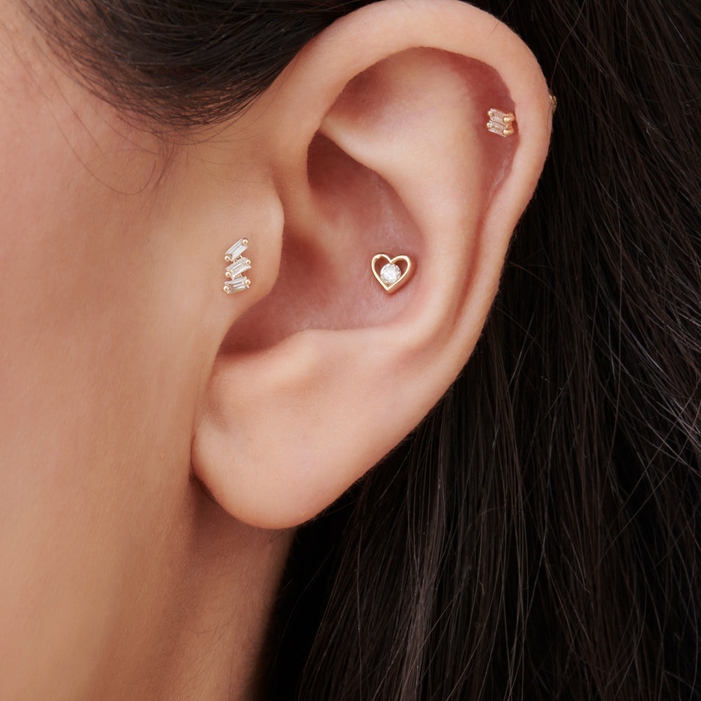 OBFJ2207 - Trio Baguette Diamond Helix Piercing earrings in selectable metal and diamond options - Roselle Jewelry view 2