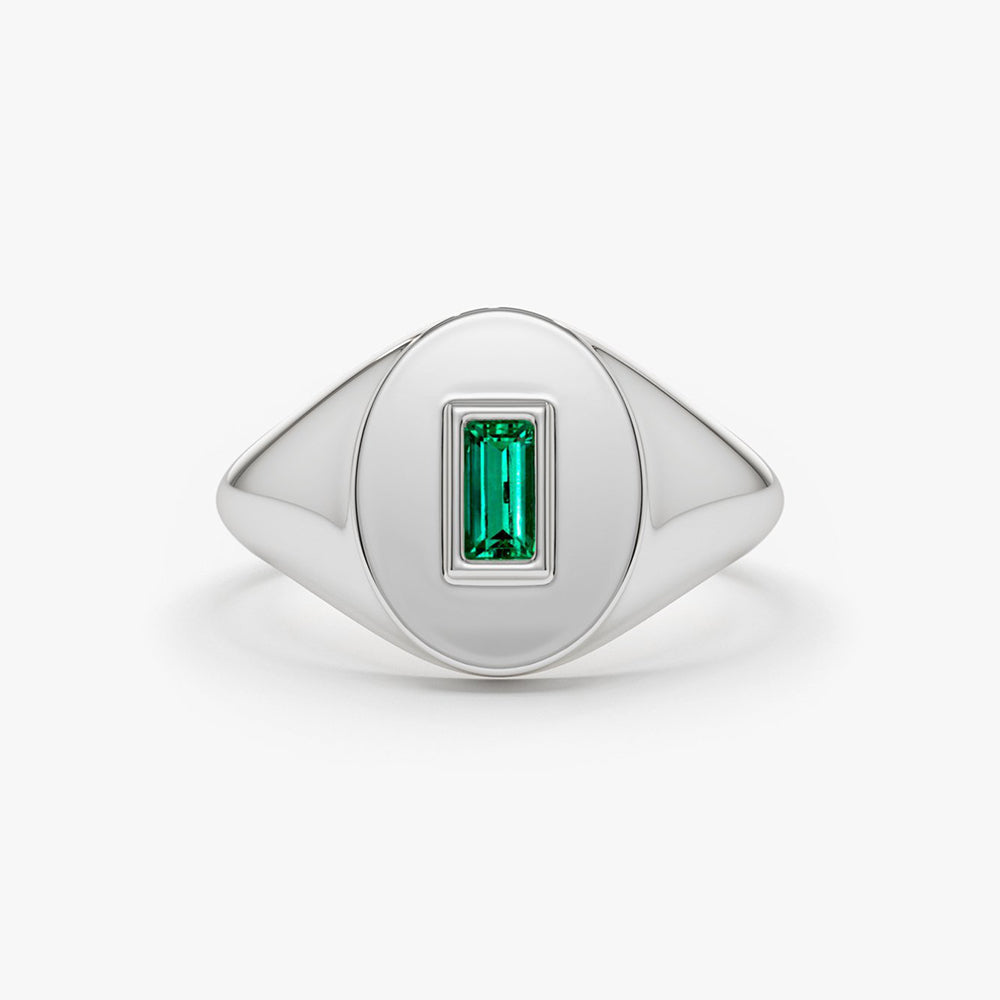 OBFJ1654 - 14k Gold Baguette Emerald Signet Ring 7