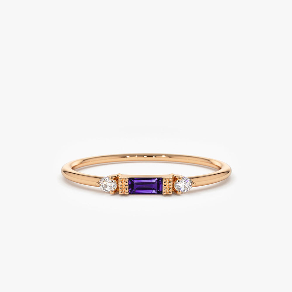 OBFJ2018 - 14K Gold Baguette Amethyst With Diamond Ring 5