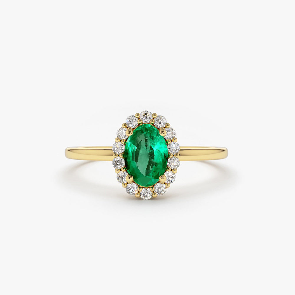 OBFJ1690 - 14K Gold Oval Cut Emerald Halo Diamond Ring 1