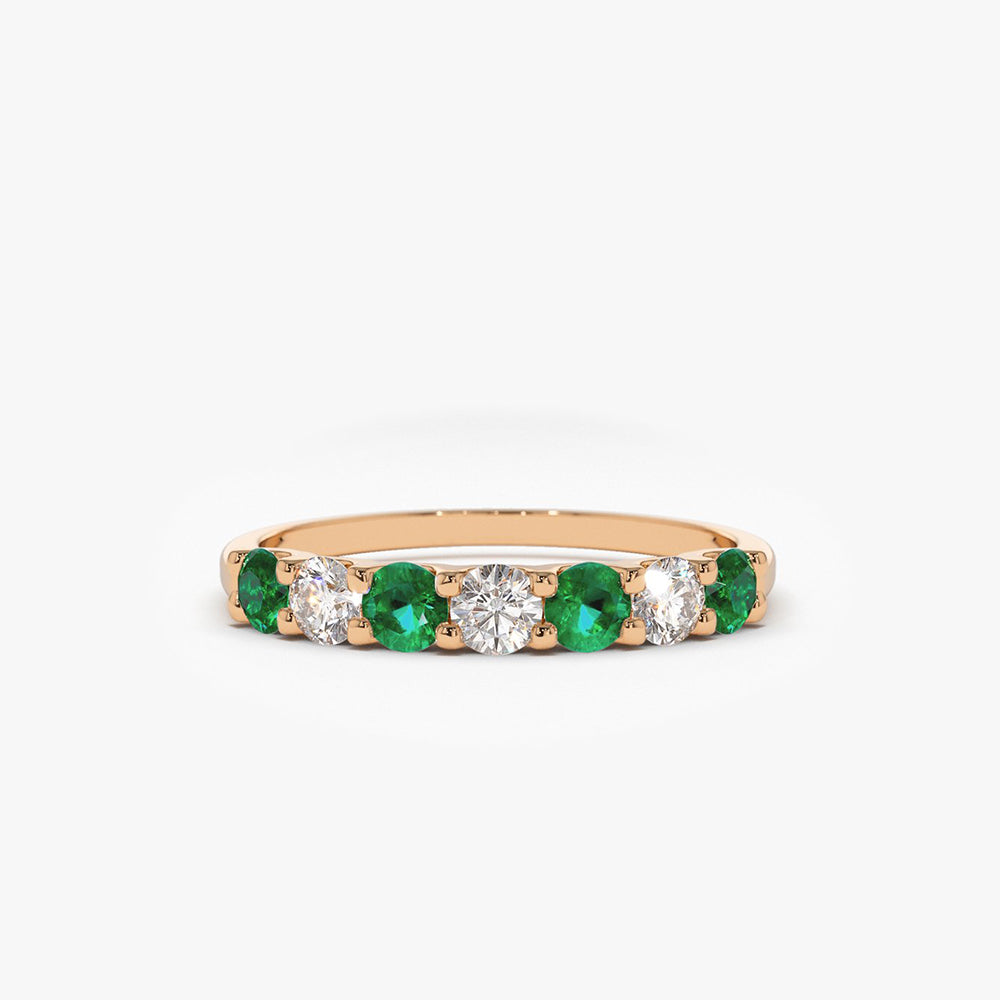 OBFJ1684 - 14K Gold Alternating Emerald and Diamond Wedding Band 7
