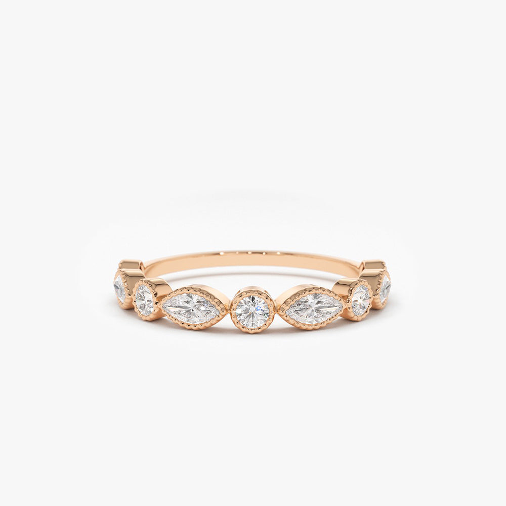 OBFJ1811 - 14K Marquise and Round Diamond Milgrain Bezel Setting Ring 5
