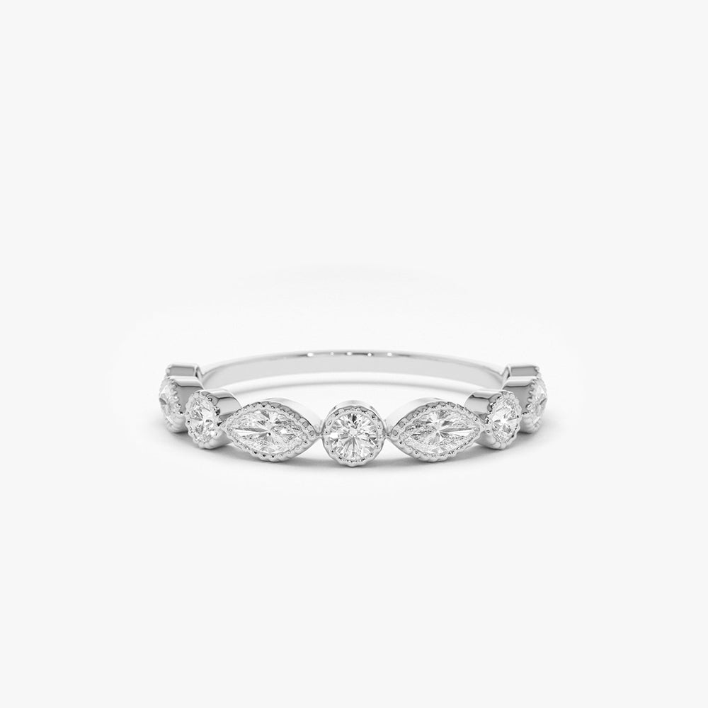 OBFJ1811 - 14K Marquise and Round Diamond Milgrain Bezel Setting Ring 6