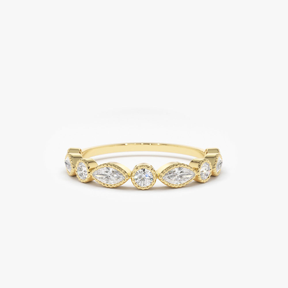 OBFJ1811 - 14K Marquise and Round Diamond Milgrain Bezel Setting Ring 1