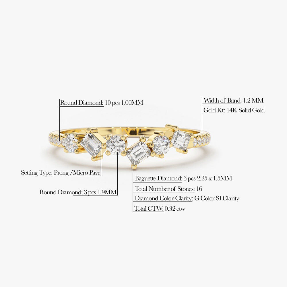 OBFJ1711 - 14K Gold Asymmetrical Baguette and Round Diamond Wedding Ring 6