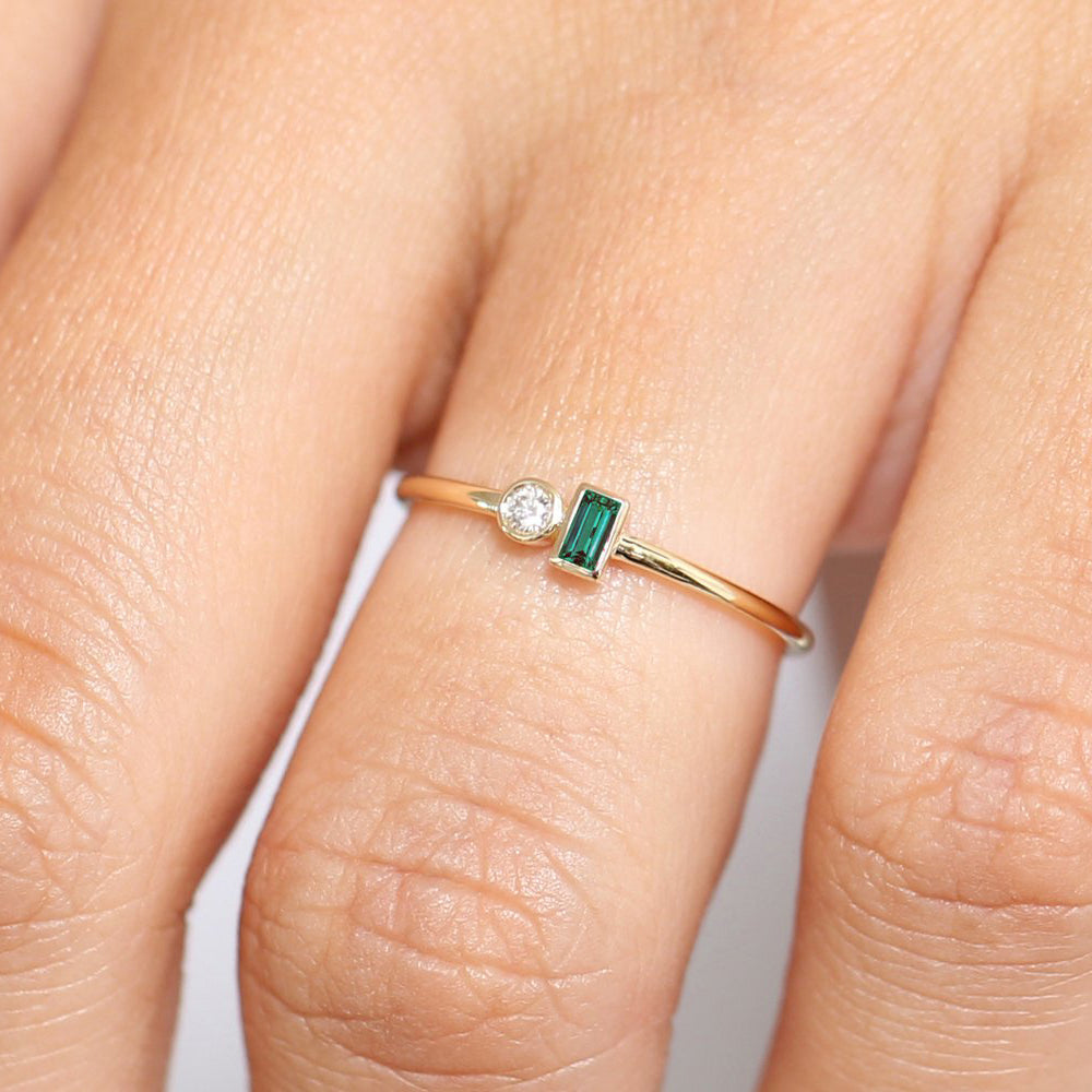 OBFJ1819 - 14k Baguette Emerald and Diamond Stackable Ring 2