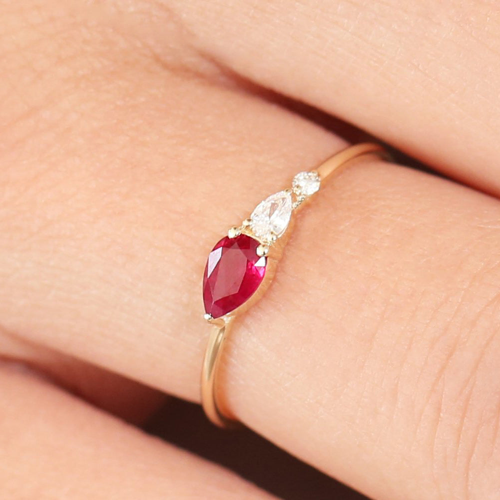 OBFJ1751 - 14K Gold Pear Shape Natural Ruby with Pear Shape Diamond Ring 2