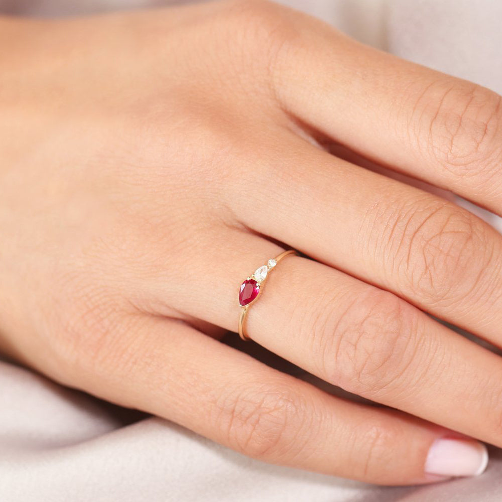 OBFJ1751 - 14K Gold Pear Shape Natural Ruby with Pear Shape Diamond Ring 3