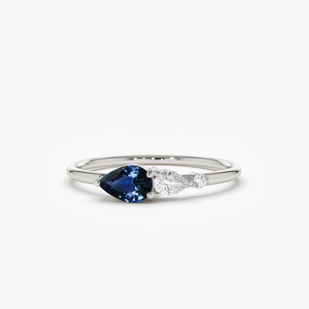 OBFJ1750 - 14k Gold Pear Shape Natural Sapphire with Pear Shape Diamond Ring 4