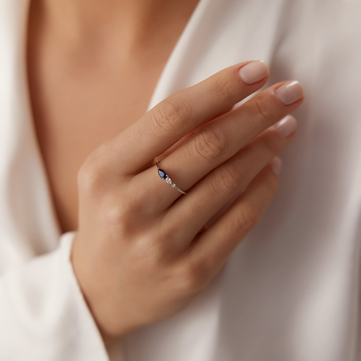 OBFJ1750 - 14k Gold Pear Shape Natural Sapphire with Pear Shape Diamond Ring 2