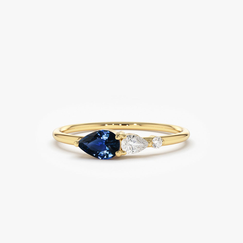 OBFJ1750 - 14k Gold Pear Shape Natural Sapphire with Pear Shape Diamond Ring 1