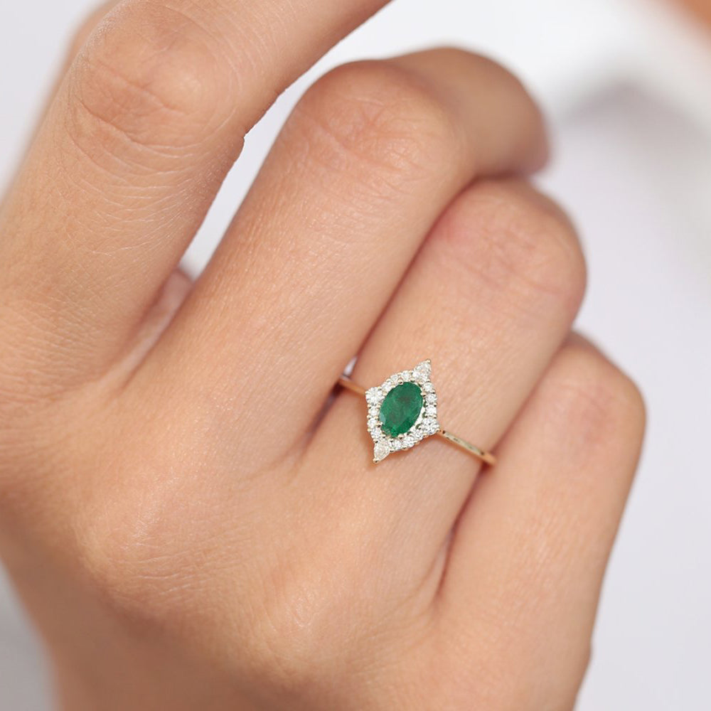 OBFJ1813 - 14k Oval Emerald and Diamond Bellarina Ring 4