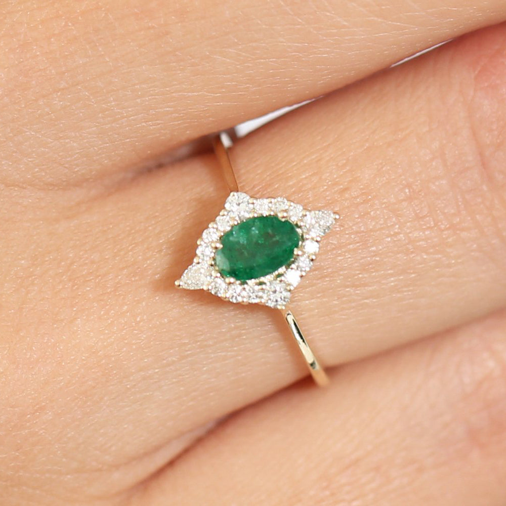 OBFJ1813 - 14k Oval Emerald and Diamond Bellarina Ring 5