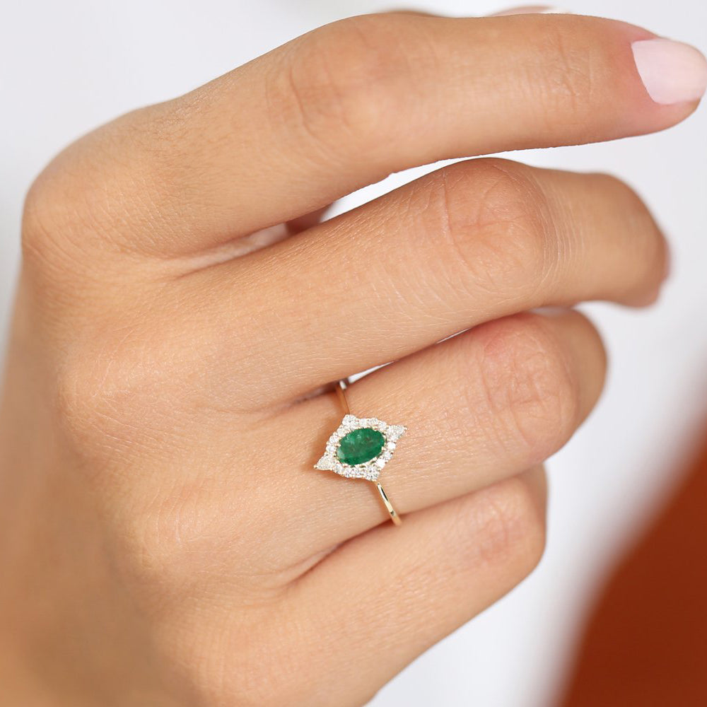 OBFJ1813 - 14k Oval Emerald and Diamond Bellarina Ring 2