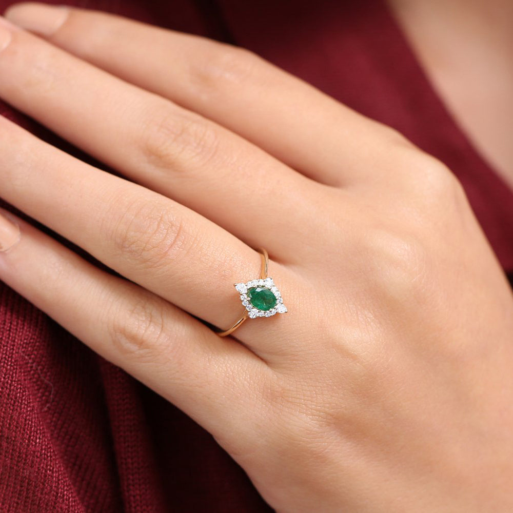 OBFJ1813 - 14k Oval Emerald and Diamond Bellarina Ring 6