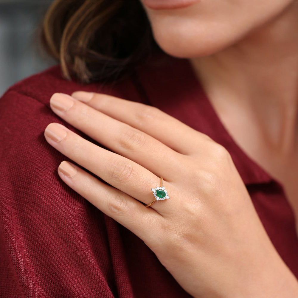 OBFJ1813 - 14k Oval Emerald and Diamond Bellarina Ring 7