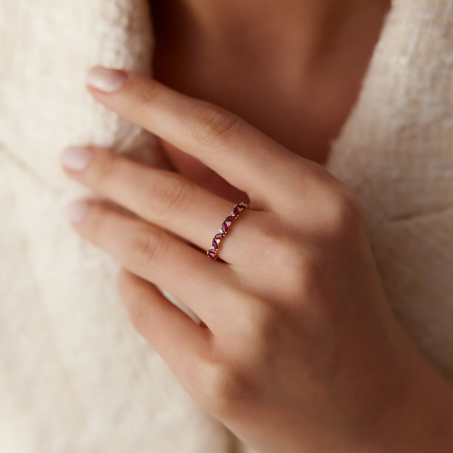 OBFJ1788 - 14k Slanted Ruby and Round Diamond Ring 4