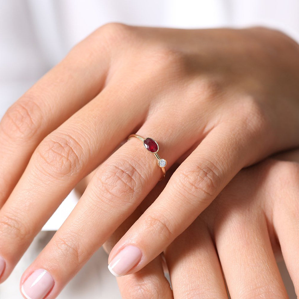 OBFJ1770 - 14k Oval Shape Bezel Setting Ruby and Diamond Ring 3