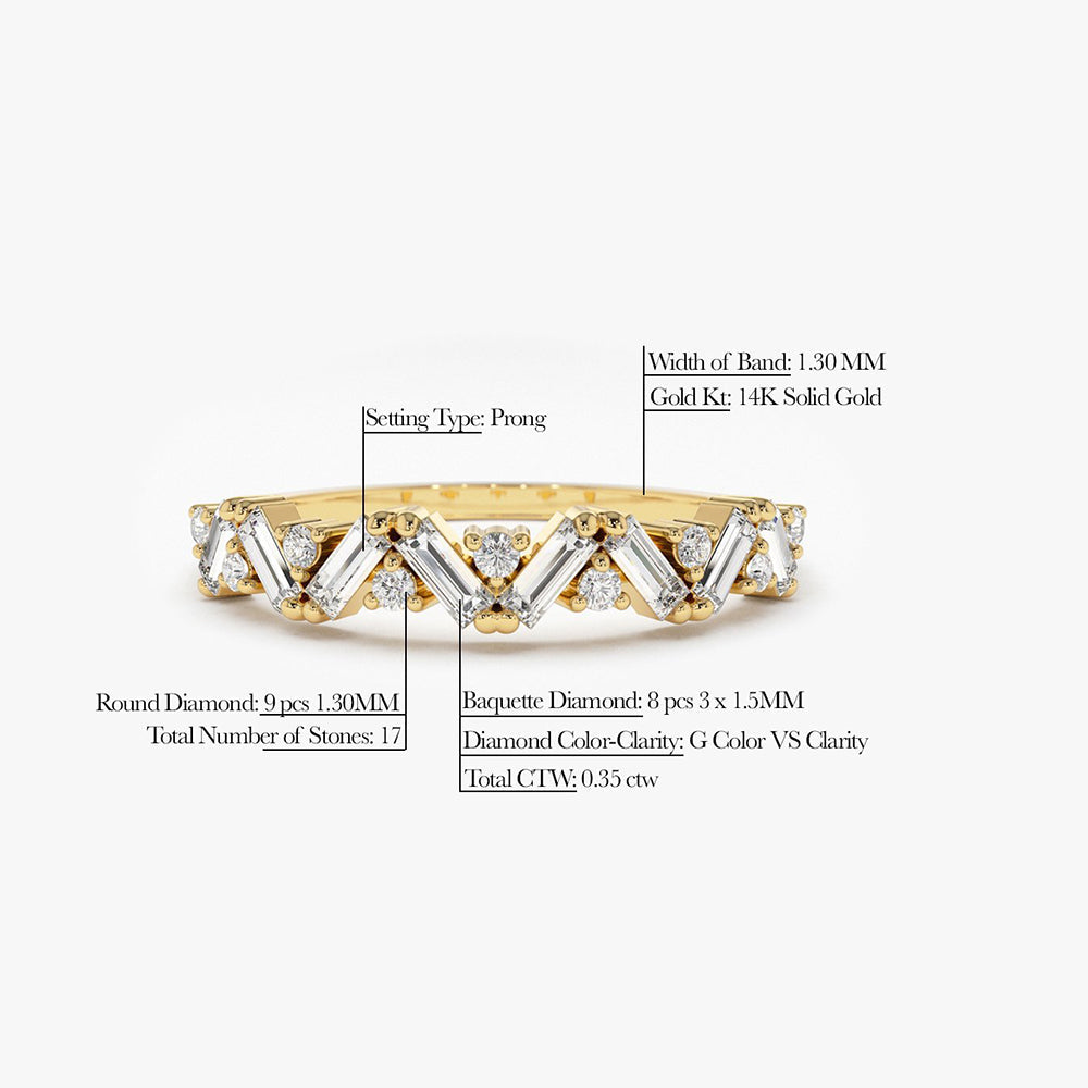 OBFJ1781 - 14K Gold Slanted Baguette and Round Diamond Ring 7