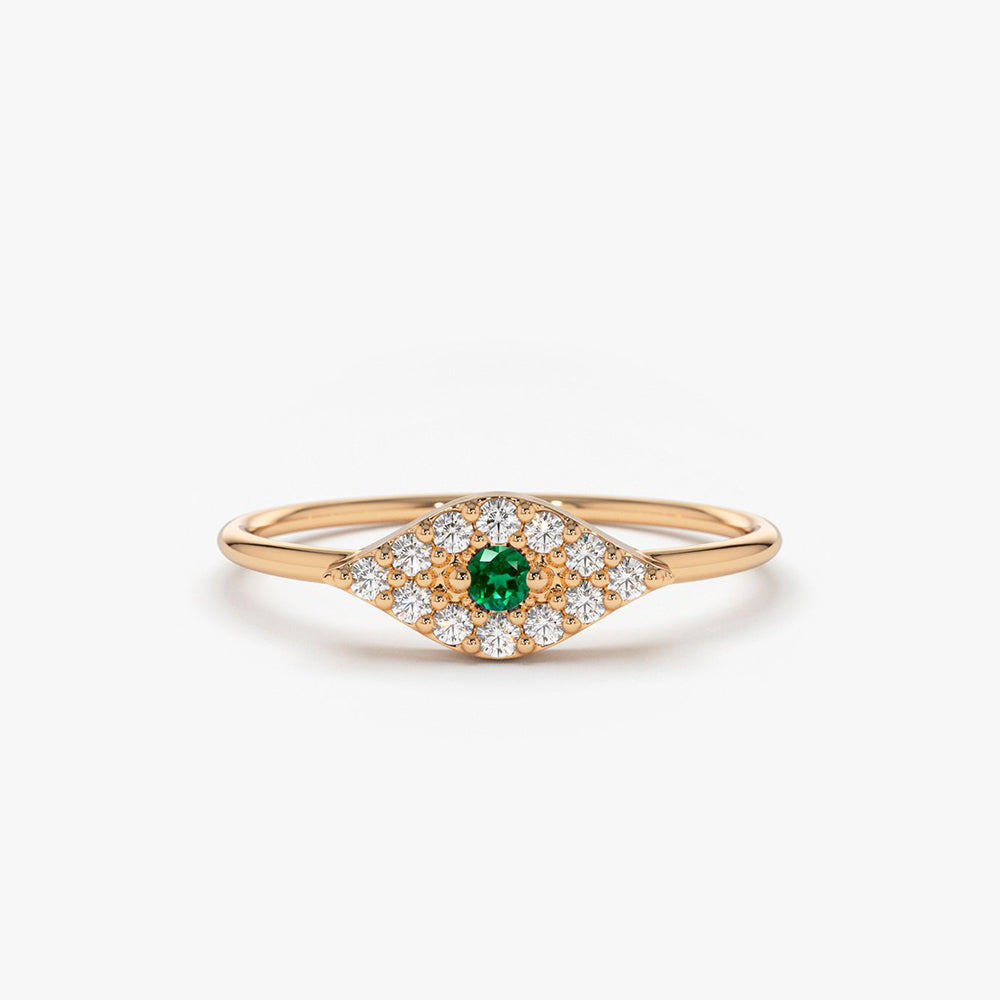 OBFJ1840 - 14K Diamond and Emerald Evil Eye Ring 3