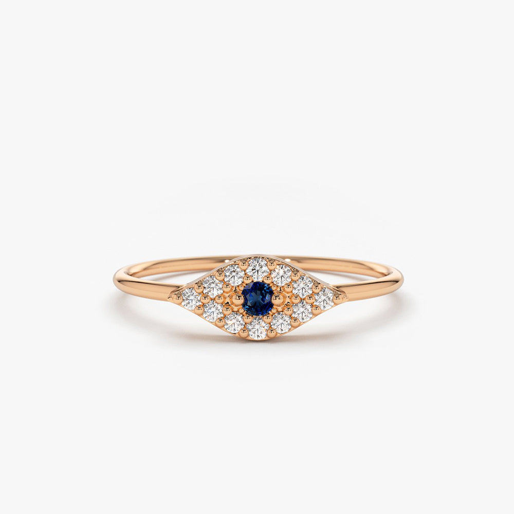 OBFJ1790 - 14K Gold Diamond and Sapphire Evil Eye Ring 5