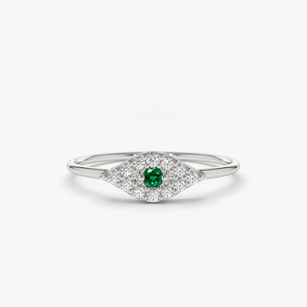 OBFJ1840 - 14K Diamond and Emerald Evil Eye Ring 4
