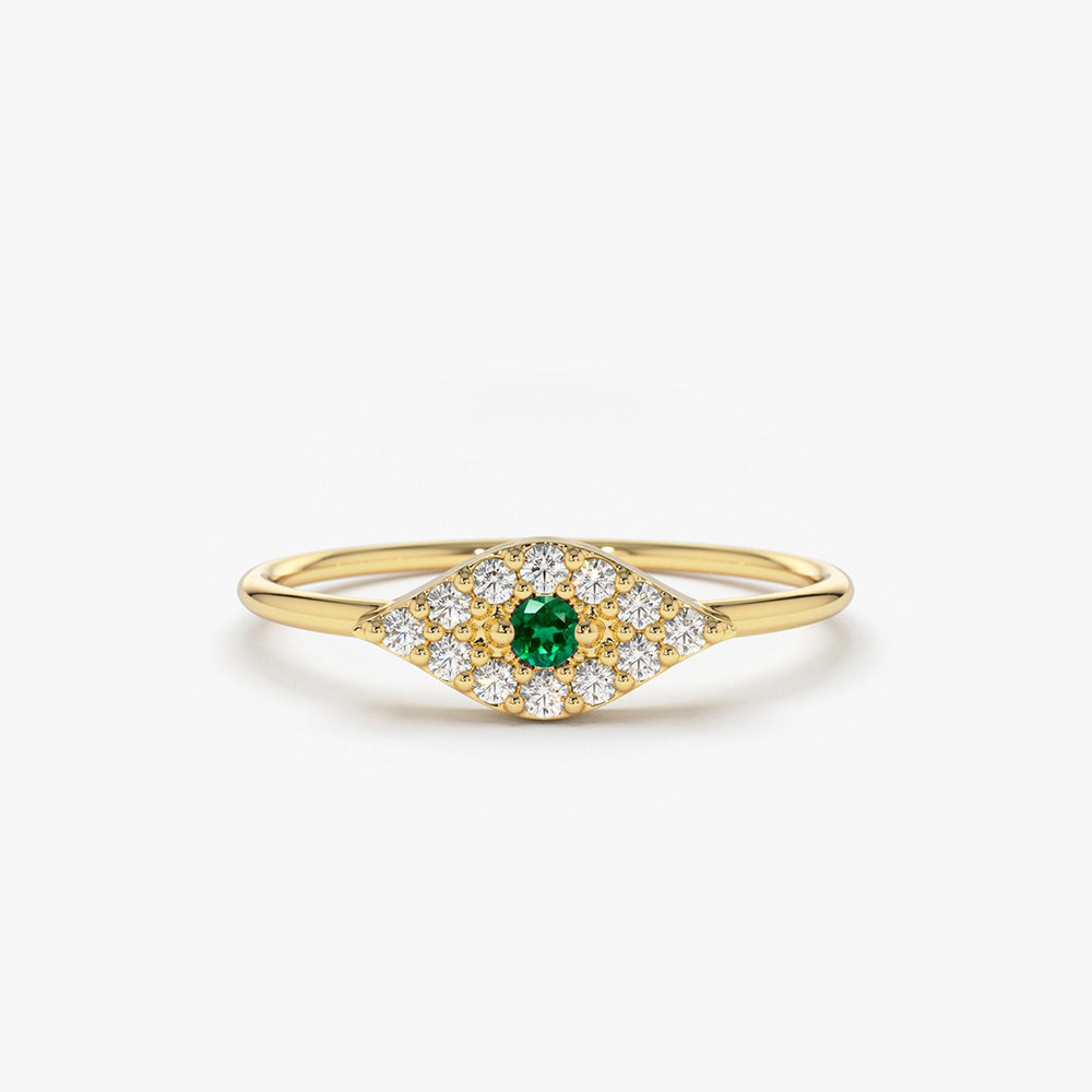 OBFJ1840 - 14K Diamond and Emerald Evil Eye Ring 1