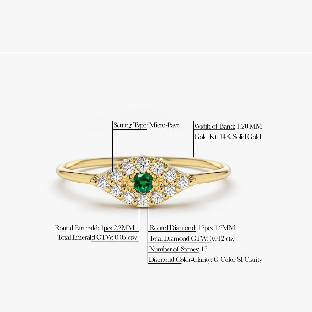 OBFJ1840 - 14K Diamond and Emerald Evil Eye Ring 5