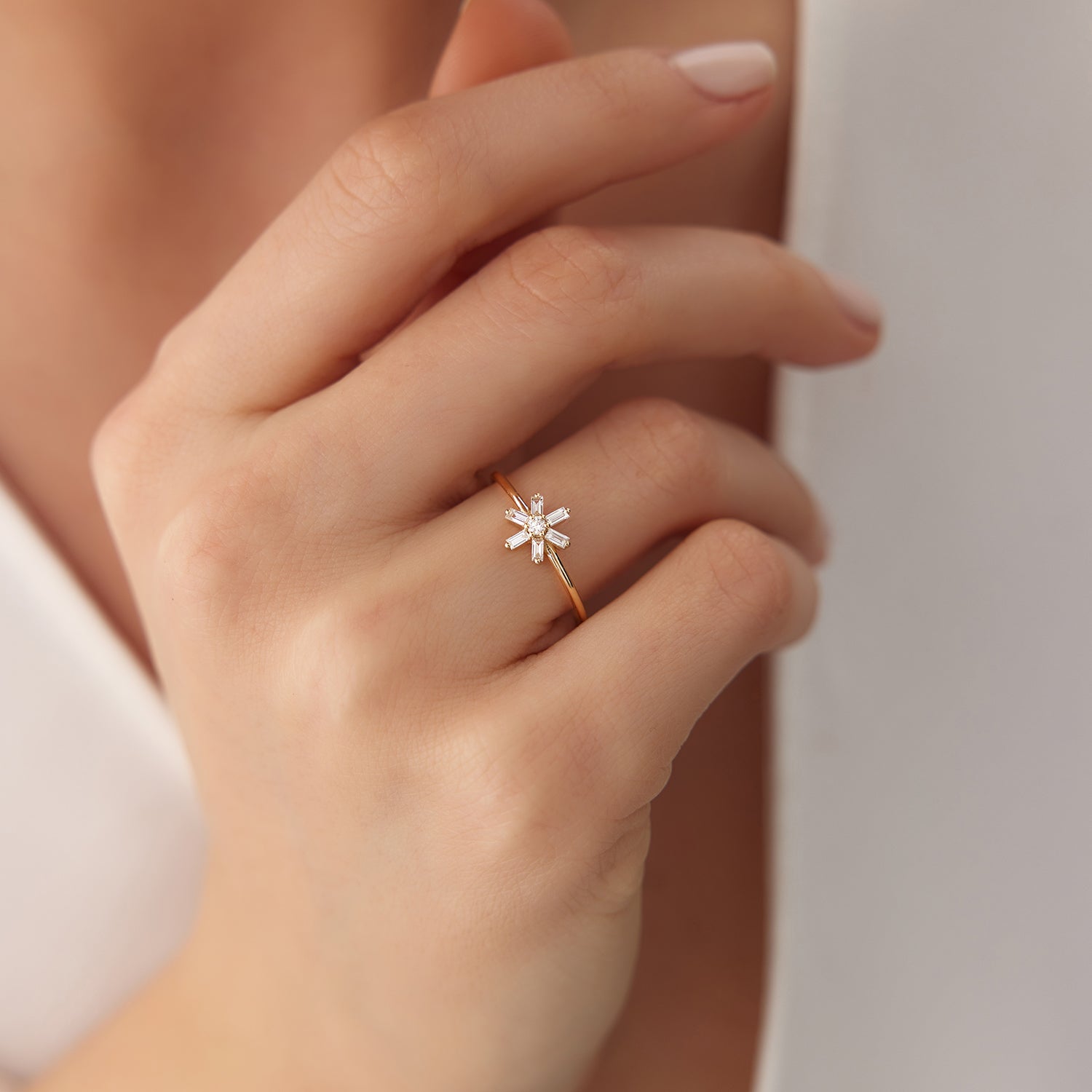 OBFJ1822 - 14K Baguette Diamond Flower Ring 2