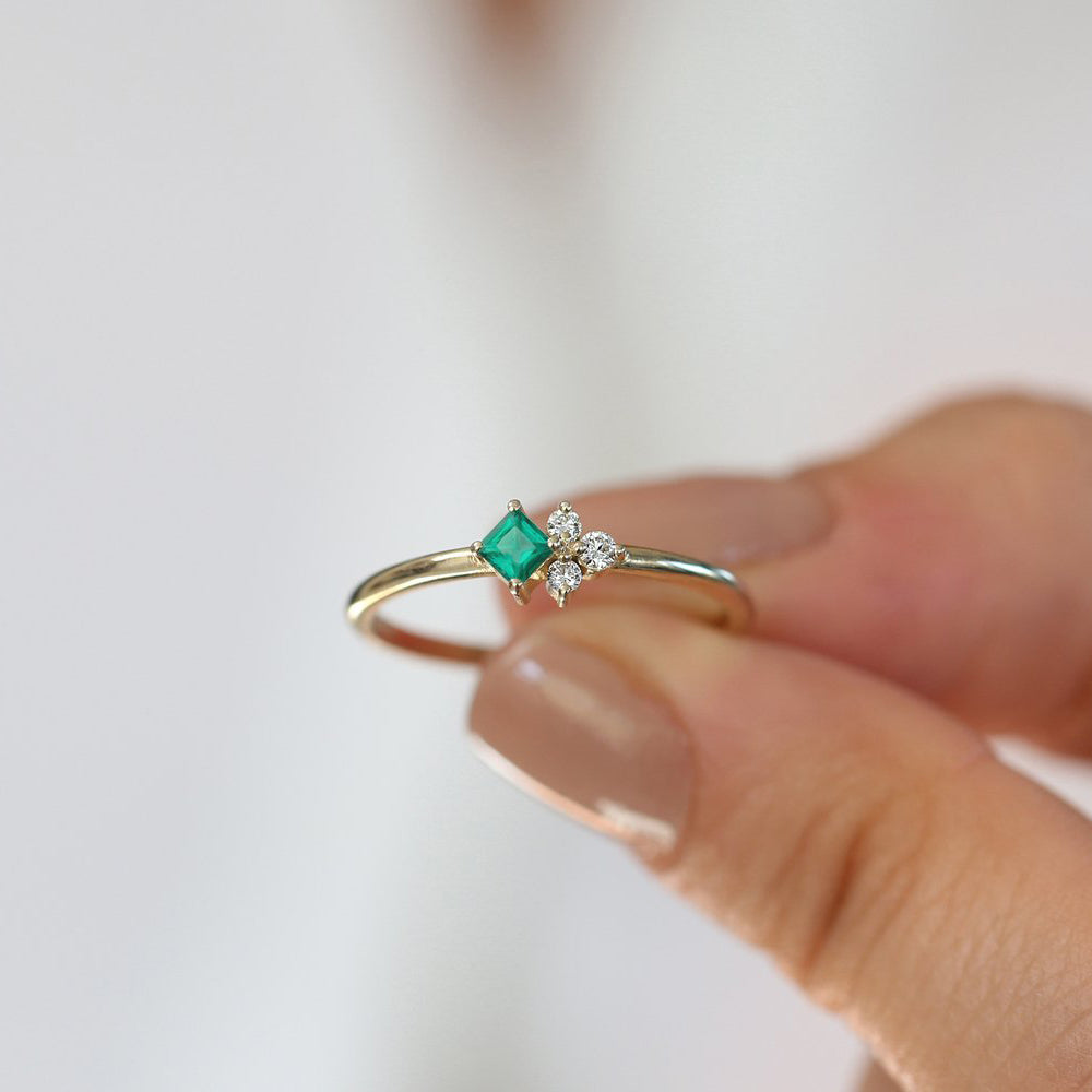 OBFJ1839 - 14K Dainty Princess Cut Emerald and Diamond Ring 2