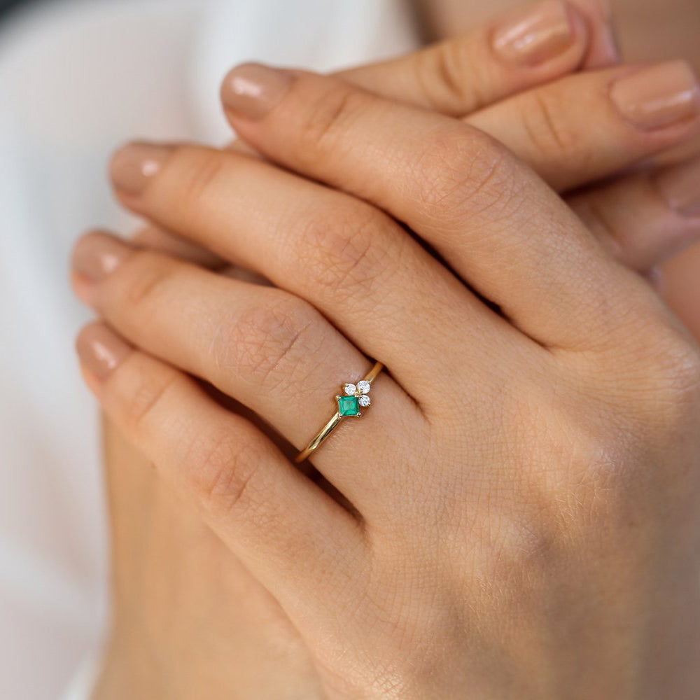 OBFJ1839 - 14K Dainty Princess Cut Emerald and Diamond Ring 3