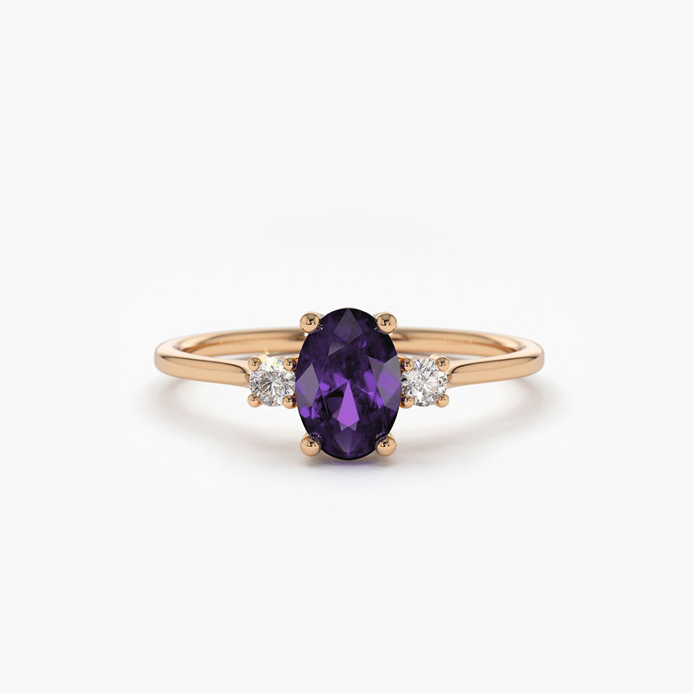 OBFJ2017 - 14K Gold Oval Shape Amethyst and Diamond 3 Stone Ring 4