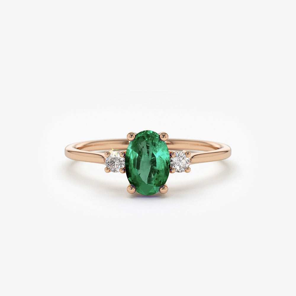 OBFJ1825 - 14k Oval Shape Emerald and Diamond 3 Stone Ring 4