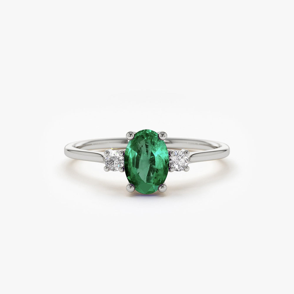 OBFJ1825 - 14k Oval Shape Emerald and Diamond 3 Stone Ring 5
