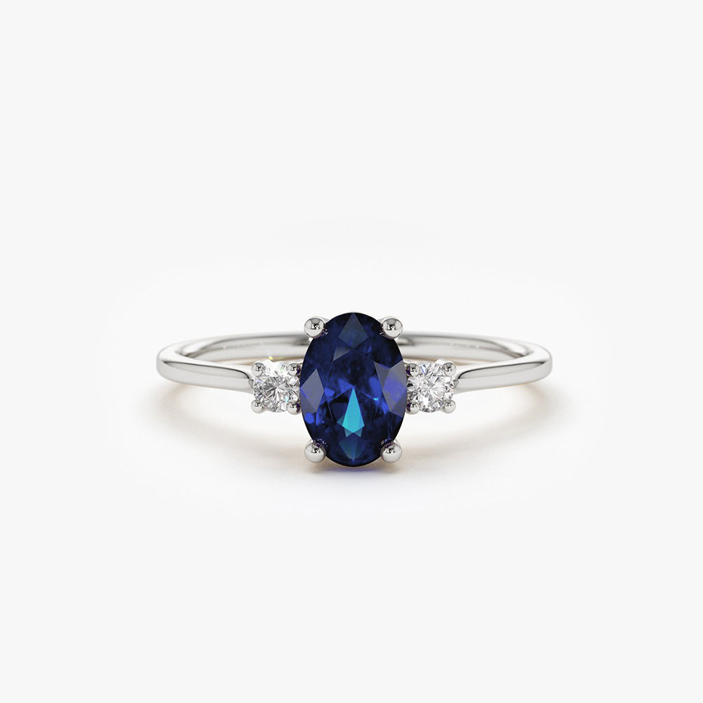 OBFJ1868 - 14k Oval Shape Sapphire and Diamond 3 Stone Ring 4