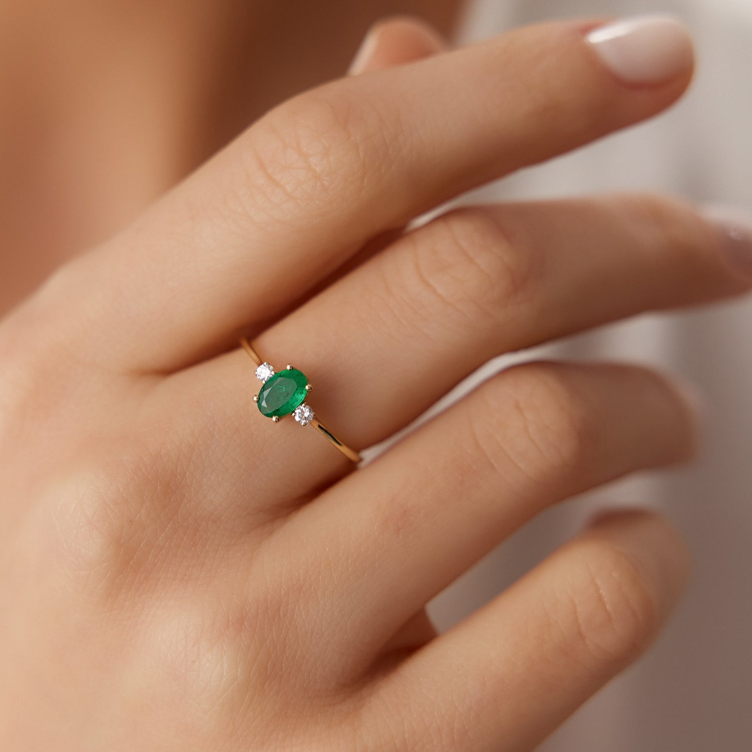 OBFJ1825 - 14k Oval Shape Emerald and Diamond 3 Stone Ring 2