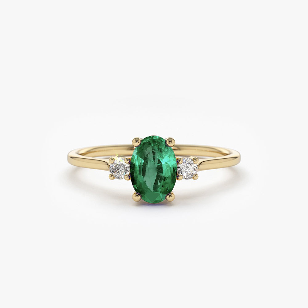 OBFJ1825 - 14k Oval Shape Emerald and Diamond 3 Stone Ring 1