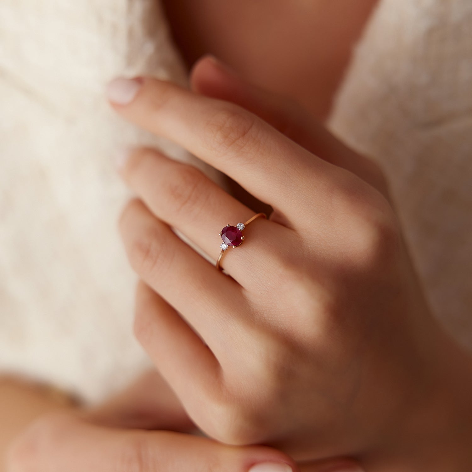 OBFJ1824 - 14k Oval Shape Ruby and Diamond 3 Stone Ring 2