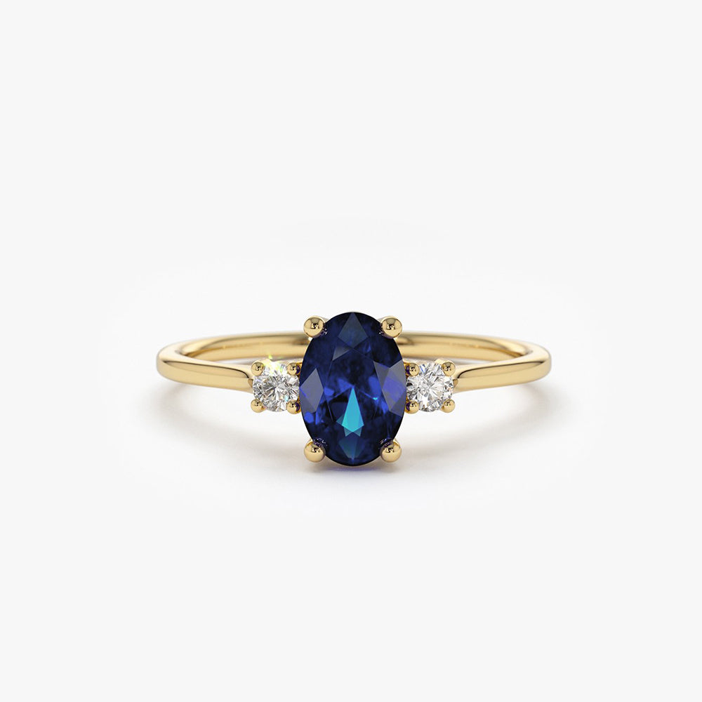OBFJ1868 - 14k Oval Shape Sapphire and Diamond 3 Stone Ring 1